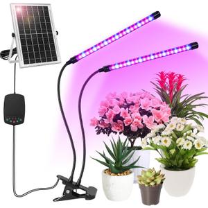 Solar Plant Grow Light with Battery Run Day/Night, 2 Heads 40 LED Clip On Full Spectrum Plant Light with 16.4FT Cable/USB Charging/Timer/Dimmable for Outdoor Indoor All Stage Plants