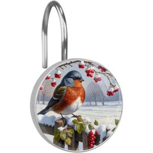 Christmas 12pcs Shower Curtain Hooks,Lovely Bird in Winter Decorative Shower Curtain Hanger Rings Roller, Stainless Steel Round Shower Rings Hangers for Bathroom