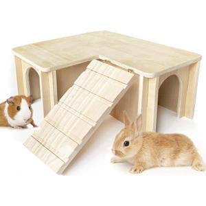 Guinea Pig Hideout and House: Multi Chamber Wooden Guinea Pig Castle with Ladder, Cage Accessories for Chinchilla Dwarf Rabbits Hamster Bunny and Others