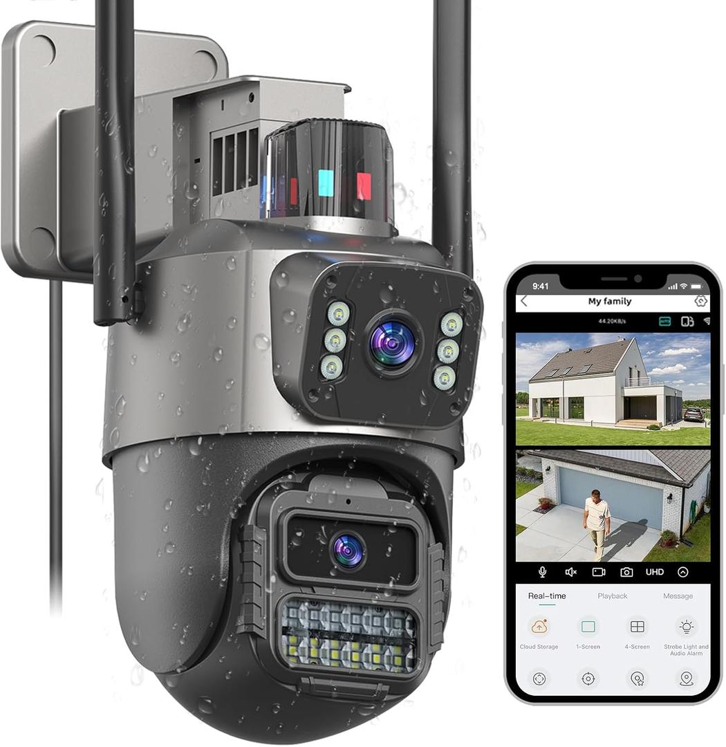 Security Camera Outdoor, 6MP Dual Lens WiFi Outside Camera for Home Security, 24/7 Recording Camera with IP66 Waterproof, 3 Color Night, Motion Tracking, Light Alarm, SD/Cloud