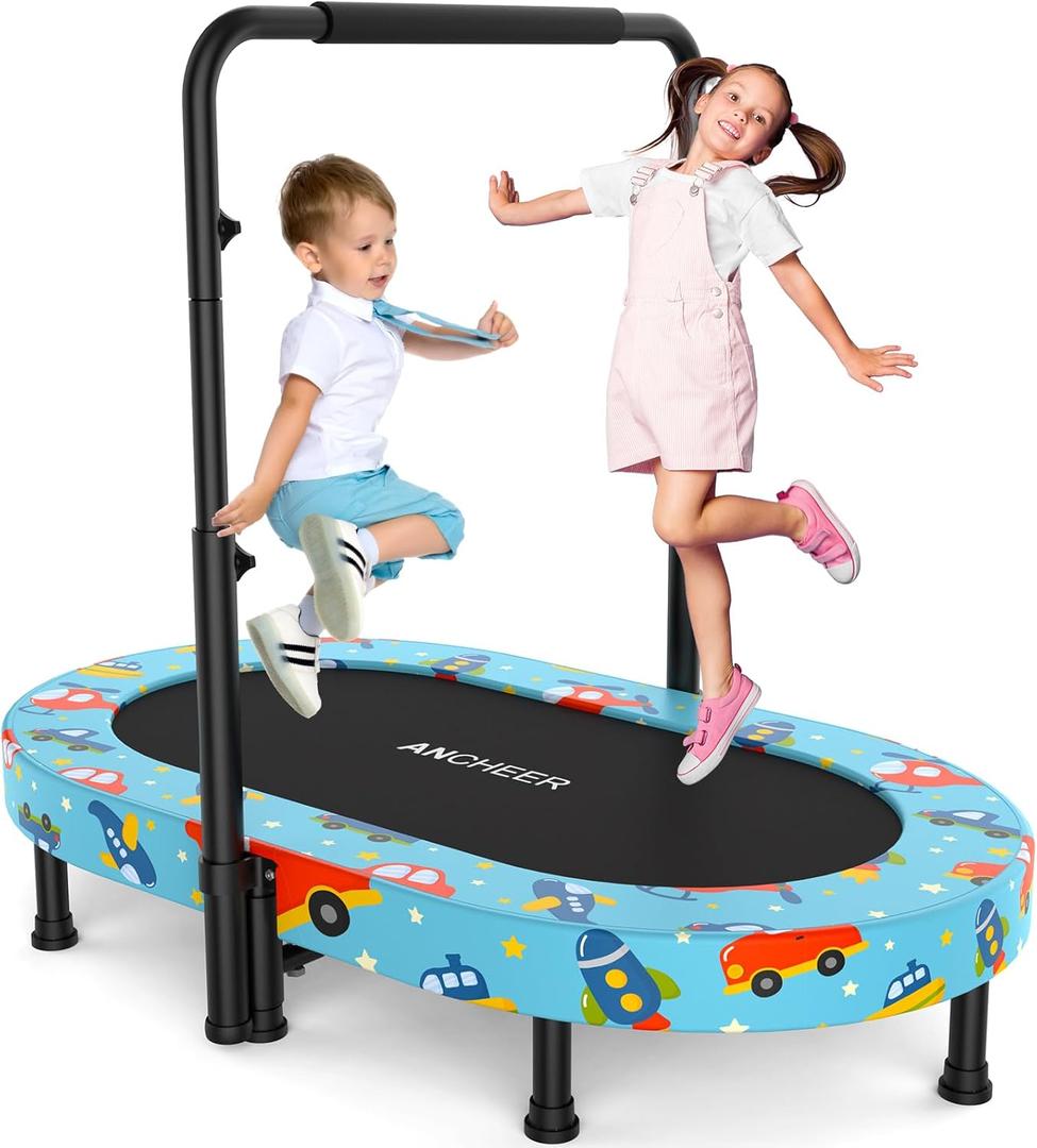 ANCHEER 56" Double Mini Trampoline for Kids, Mini Rebounder with 5-Level Adjustable Handle, Parent-Child Trampoline for Kids, Max Load 220lbs, Fun for Indoor/Outdoor (LE-Blue Car)
