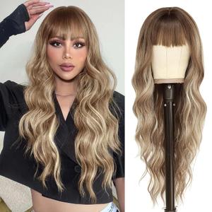 NAYOO Brown Wigs with Bangs for Women Long Curly Wavy Hair Wigs Heat Resistant Synthetic Fiber Wigs for Daily Party Use 24 Inches (Medium Brown Mixed Blonde)