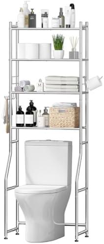 Ekisemio 4-Tier Over The Toilet Rack, Shelf Bathroom, Bathroom Storage Organizer with 4 Hooks and Holder Spcae Saver, Chrome