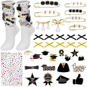 Zeyune 36 Pcs Graduation Sock Charms Class of 2026 Sock Charm Gold Black Pin Brooch Patches Bow Rhinestone Sticker DIY Shoe Charm for Women Shoe Clothing