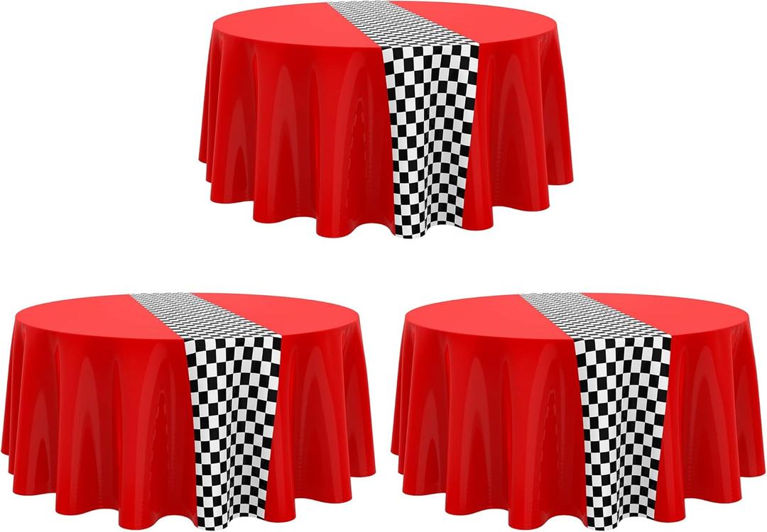 Oudain Cars Birthday Racing Party Supplies - Round Tablecloth, Checkered Flag Table Covers, Road Plastic Table Cloth for 1950s Disco Dancing (Red, 3 Pcs)