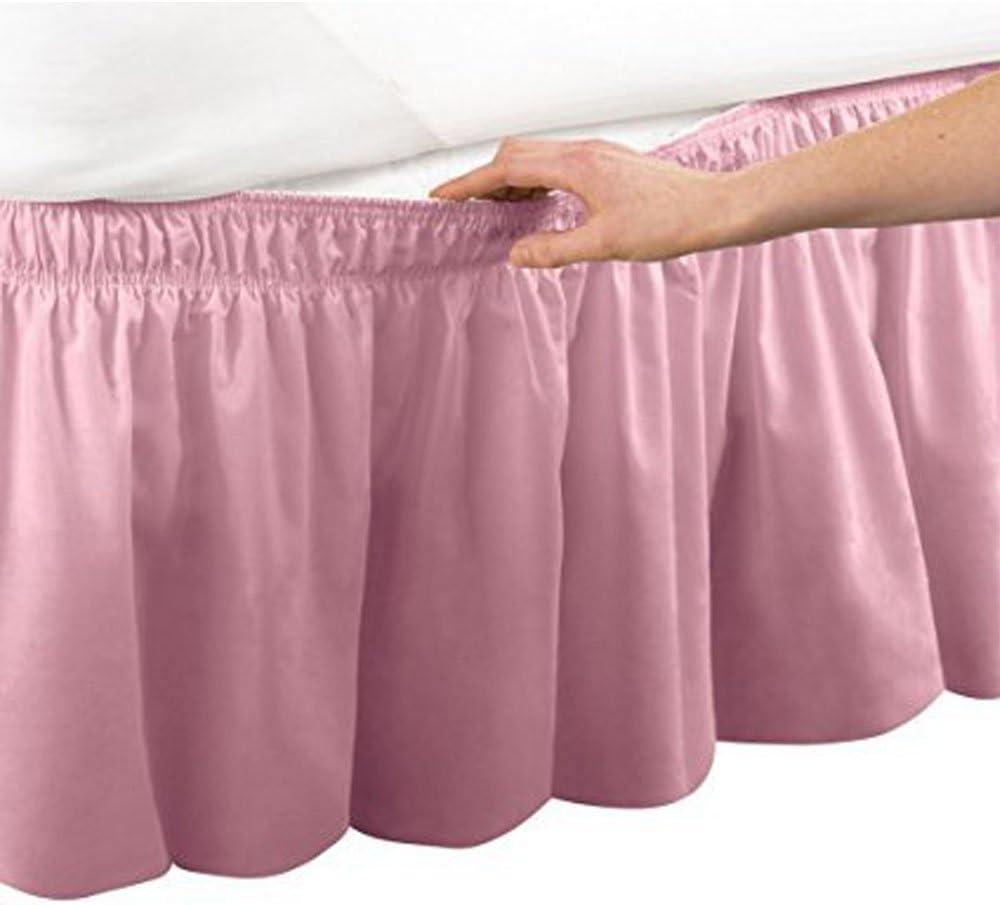 Pleated Three Sides Fabrics Wrap Around Style Egyptian Cotton Elastic 17 inch Drop Dust Bed Skirt for Twin/Full,Queen, King Size Beds(Queen, Pink) 
