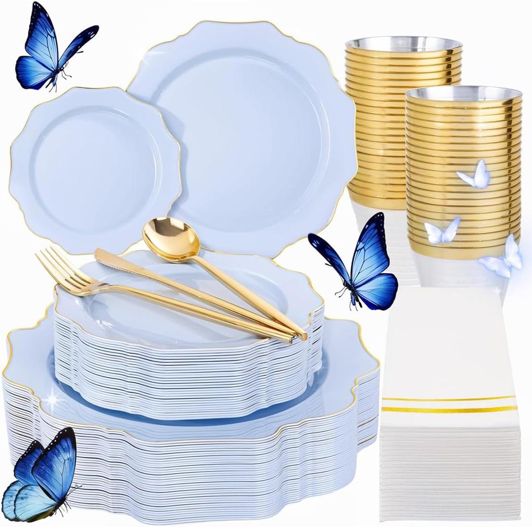 WDF 175Pcs Blue Plastic Plates - Heavy Duty Baby Blue Plates Disposable - 25Guests Plastic Dinnerware Ideal for Parties/Wedding/Baby Shower/Easter (Bule and Gold)