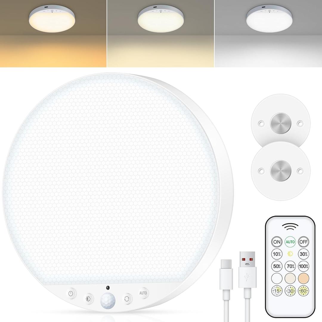 Rechargeable 6W Motion Sensor Ceiling Light Indoor, No Wiring & Magnetic Stick-On, Remote Control for Color & Brightness, Battery Operated Light for Shower, Closet, Bathroom, Pantry, Hallway, 1-Pack