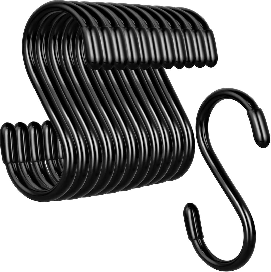 HiGift 24 Pack 3 Inch Vinyl Coated S Hooks, Non Slip Heavy Duty S Hooks for Hanging Plants, Metal Black Rubber Coated Closet S Hook for Hanging Plant Jeans Clothes Kitchen Pot Pan Cup Towels Bags