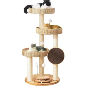 Solid Wood Cat Tree for Large Cats, 48-Inch Modern Cat Tower with Hand-Woven Baskets, Multi-Level Cat Condo with Sisal Scratching Posts, Sturdy Indoor Cat Furniture for Big Cats up to 20lbs