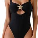 OYOANGLE Women's One Piece Bathing Suit Metal Starfish Cut Out Swimsuits Tummy Control Swimwear (X-Large, Black)