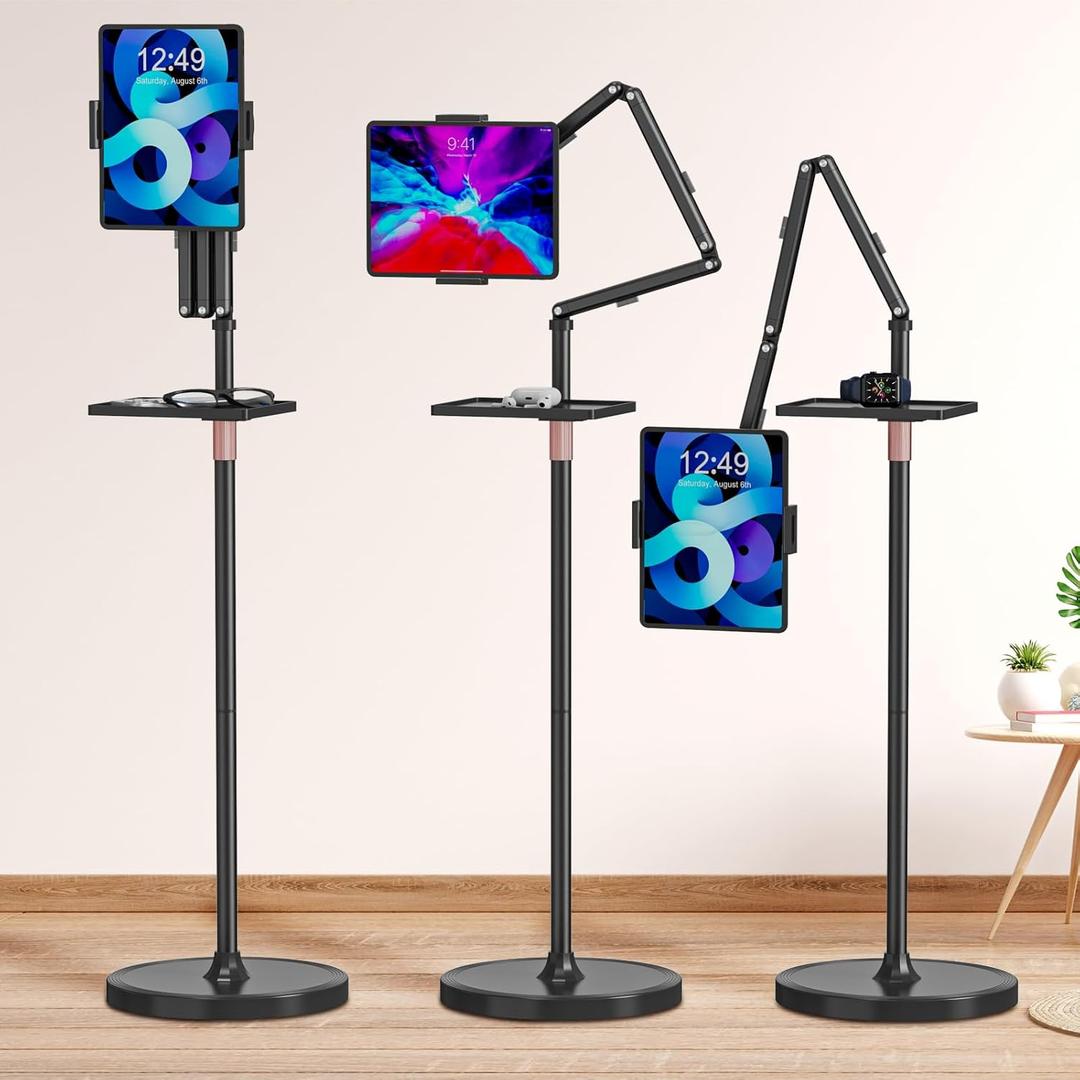 Houele Tablet Floor Stand with Removable Tray, iPad Floor Stand Holder for Bed, Height Adjustable Tablet Mount iPad Holder for 4.7-15.6 Tablets iPads and Phones (Tri-Fold, Black)