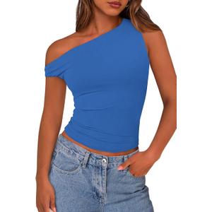 PRETTYGARDEN Women's Off The Shoulder Crop Top - Chic Asymmetrical Going Out Tops for Summer 2026, Slim Fitted & Breathable (Blue, L)