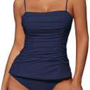 ZAFUL Womens Tankini Swimsuits 2025 Spaghetti Strap Two Pieces Ruched Top Tummy Control High Waisted Bottom Bathing Suits (Small, 1-deep Blue)