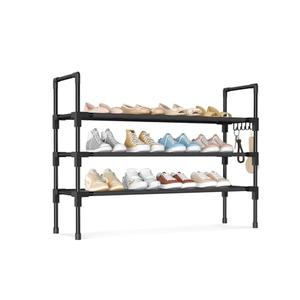 BrFoYu 3 Tier Shoe Rack, Shoe Organizer Storage for 16-20 Pair Boot and Sneaker, Stackable Free Standing Shoe Shelf with Hooks and Side Pocket, Space Saving Shoes Rack for Closet, Entryway