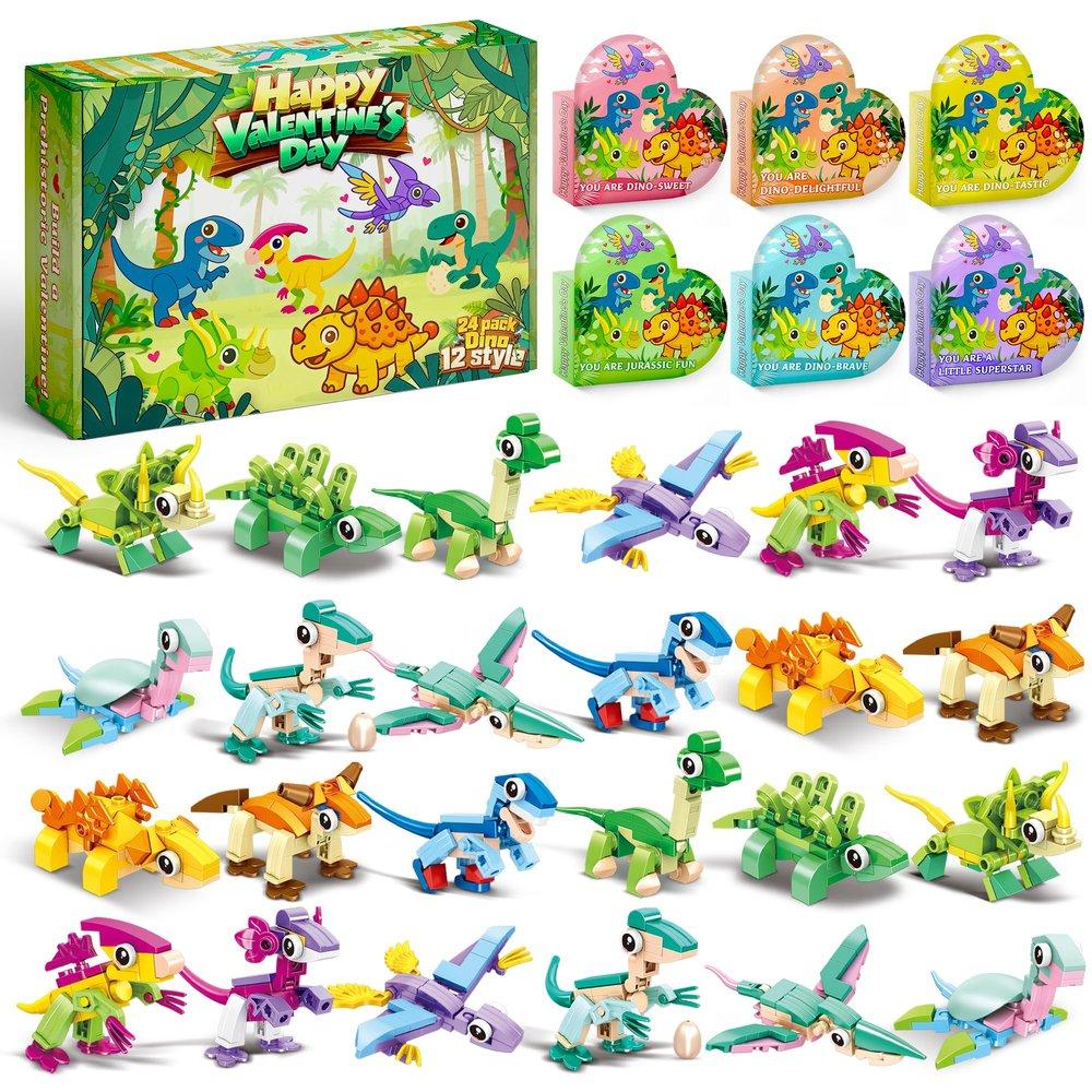 TAHAVICE 24 Pack Building Blocks Valentine Day Gifts for Kids, Dragon Animal with Hearts Box Valentine Cards for Classroom Exchange, Dinosaur Toys Party Favors for Boys&Girls