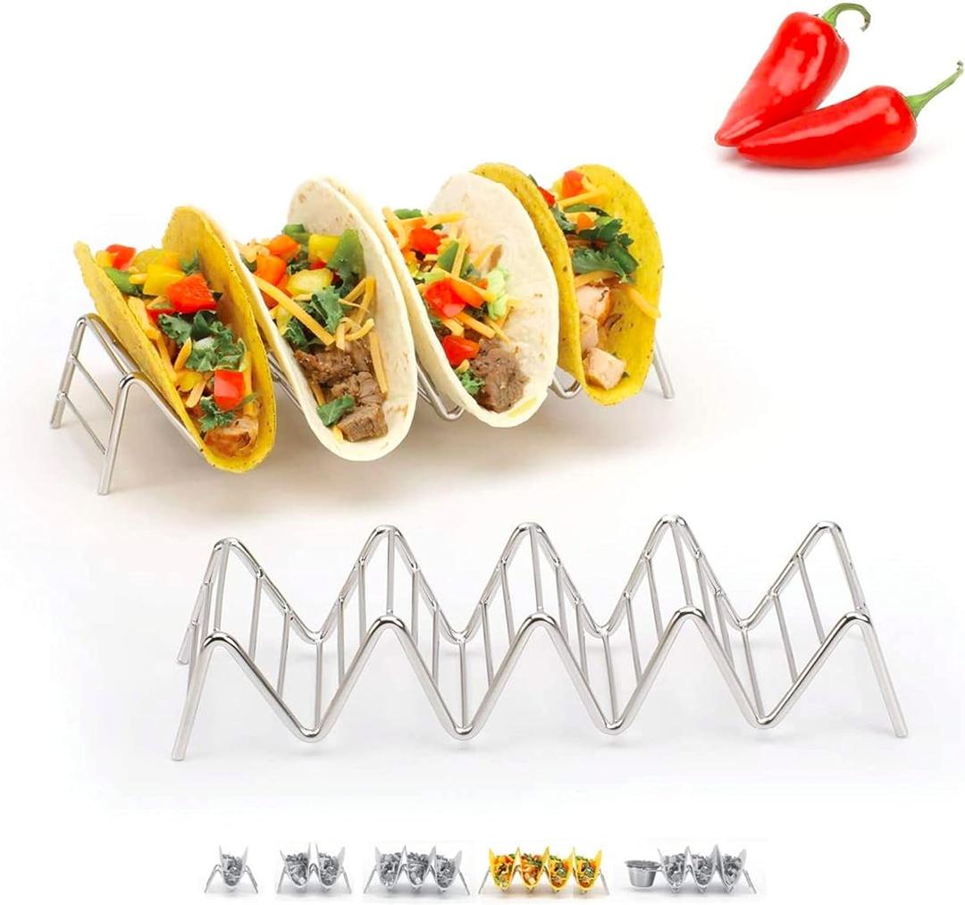 Taco Holders Set of 2 Premium Stainless Steel Stackable Stands, Each Rack Holds 4 or 5 Hard or Soft Tacos, Five Styles By 2lbDepot