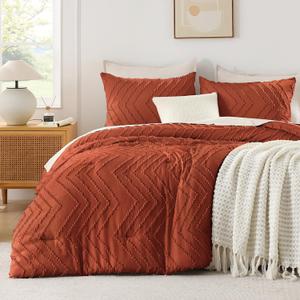 Andency Burnt Orange Oversized King Comforter Set 120x98, Boho Oversize King Soft Warm Tufted Bedding Comforter Sets, 3 Pieces Aesthetic Chevron Farmhouse Cute Bohemian Textured Bedding Set
