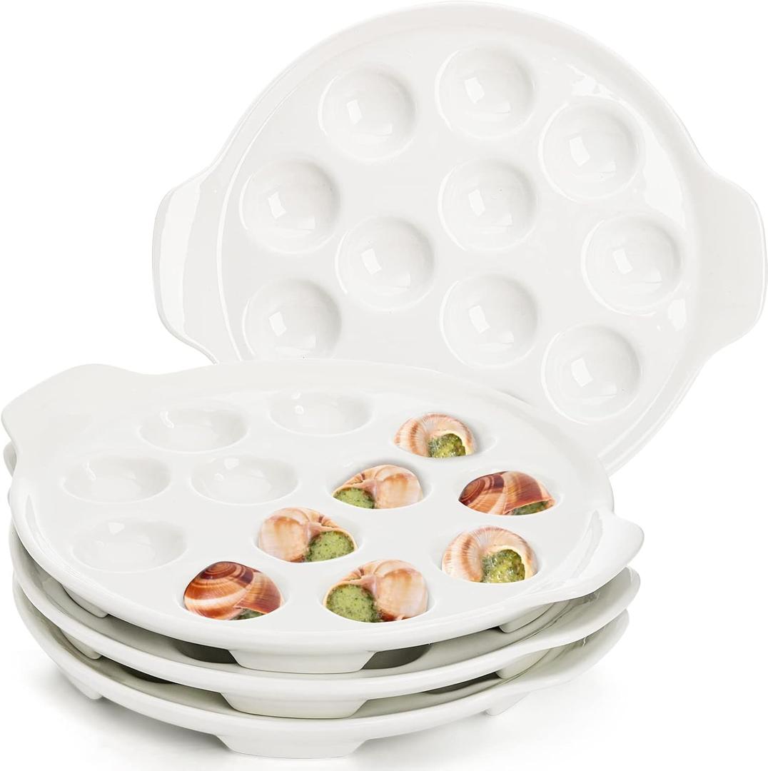 Okllen 4 Pack Ceramic Escargot Plates with 12 Holes and Handles, 9 Inch Seafood Snail Dish Footed Plates White Escargot Baking Dish Server for Home, Kitchen, Restaurant, Hotel, BBQ