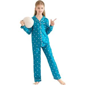 Veseacky Girls' Chrismas Satin Pajamas Set Two Piece Silk Nightwear Button-Down Sleepwear for Mom and me (Green Dots,size 8)