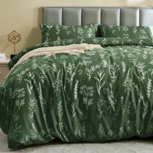 MUXHOMO Duvet Cover Queen Size, Reversible Floral Dark Green Duvet Cover Set with Zipper Closure, 3 Pieces Botanical Patterns Soft Microfiber Bedding Set with 4 Ties (90"x90", 2 Pillow Cases) (01- Dark Green Leaves (No Comforter))