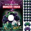 Faccito Monster Truck Birthday Games Pin The Wheel on The Monster Truck Green and Purple Trucks Poster with Stickers Blindfolds for Birthday Decorations Cars Party Games Activities Supplies
