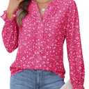 CiCiBird Womens Casual V Neck Blouses Button Down Shirts Long Sleeve Floral Print Business Work Tops (Pink, M)
