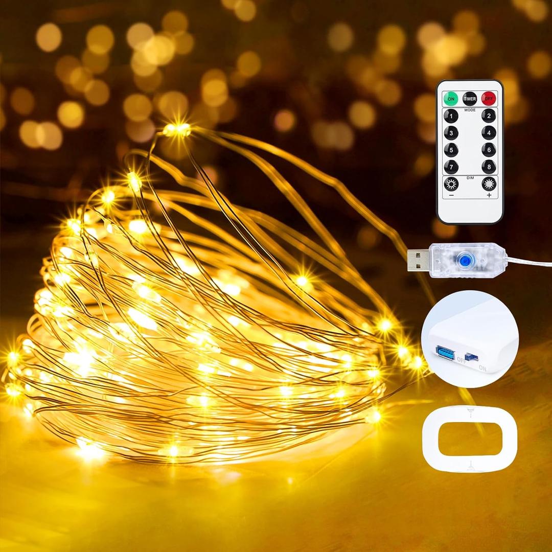1Pack USB Plug in Fairy String Lights,16ft 50 LED Copper with Remote and Timer, 8 Modes Waterproof Twinkle String Lights Battery Powered for Bedroom Indoor Party Wedding Christmas Decoration (Warm Color)