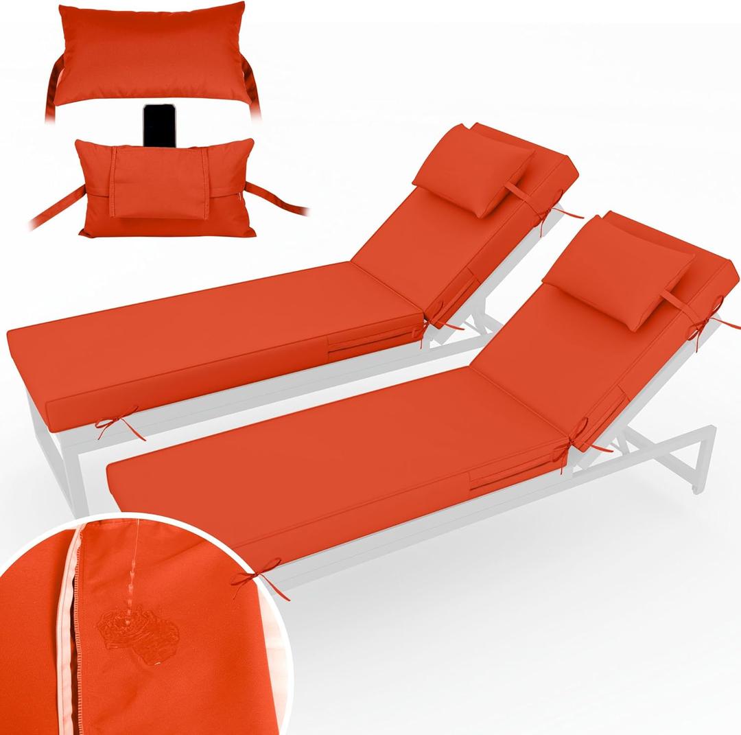 Chaise Lounge Cushions Outdoor Set of 2 Lounge Chair Cushion 72" L x 21" W with Headrest Straps 3'' Thick Waterproof Patio Chaise Cushions Pool Lounger Chair Cushion(Orange)