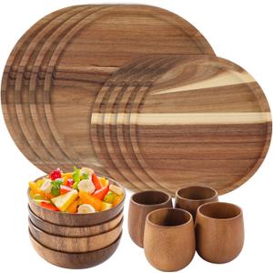 16 Pcs Acacia Wood Dinnerware Set, Includes 4 pcs 9.8-in Round Plates, 4 pcs 7.9-in Round Plates, 4 Solid Wood Bowls, and 4 Tea Cups, Easy to Clean & Lightweight, Perfect for Meals, Snacks & Desserts