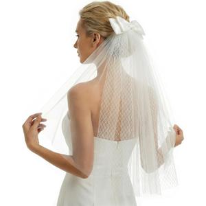 Bridal Bow Veil White 2 Tiers Veils Bachelorette Veil Tulle Hair Accessories Engagement Favors Bridesmaid Gifts (White)