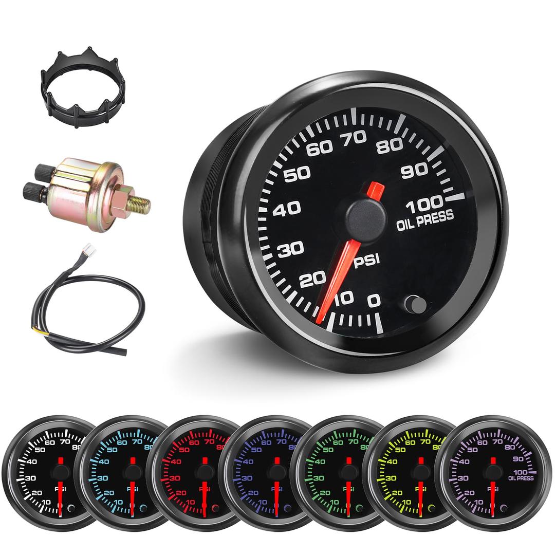 7 Color Oil Pressure Gauge, 0-100 PSI Tinted Oil Pressure Gauge Kit 2-1/16" 52mm LED Backlight - Black Dial - Clear Lens - Monitor and Display Engine Oil Pressure Level