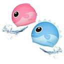 Kids Swim Cap Animal Head Silicone Swimming Fun Cartoon Blue Shark Pink Fish waterproo for Long and Short Hair Boys and Girls (Pink 20.5cm)