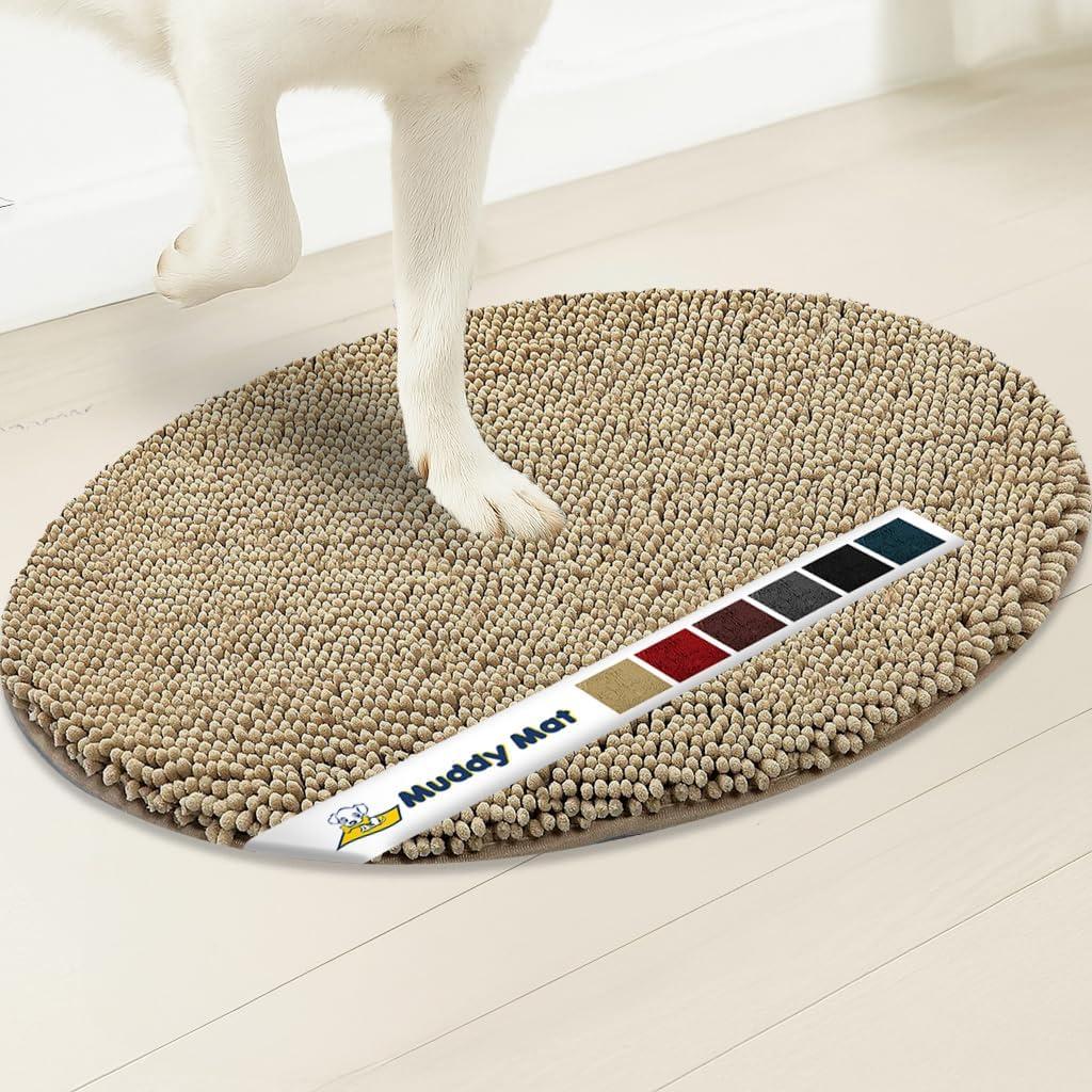 Muddy Mat® Shown on TV – Super Absorbent Microfiber Dog Door Mat for Muddy Paws, Non-Slip Washable Pet Rug, Quick Dry Chenille Entryway Carpet,Machine Washable Indoor Outdoor Mat, Beige Oval 6ft x 9ft