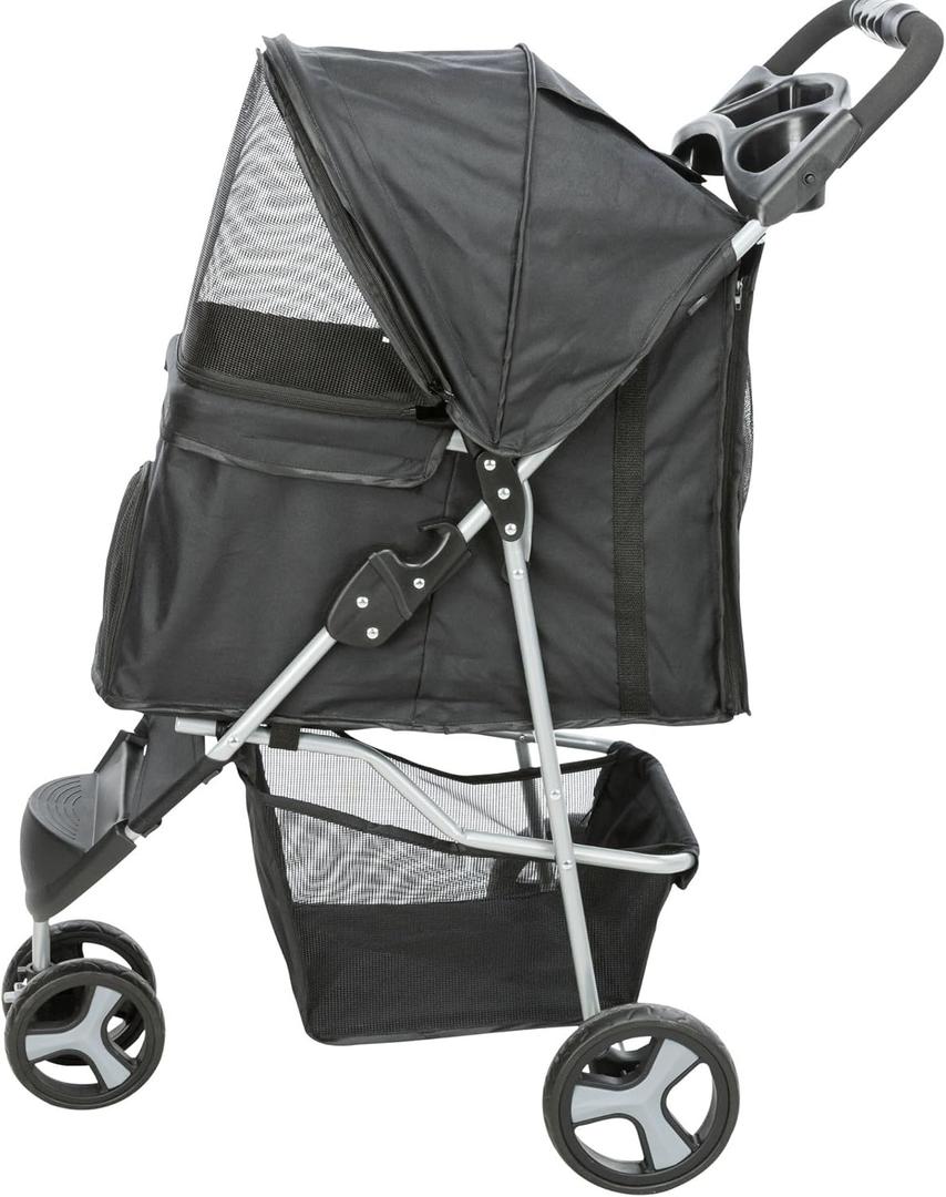 TRIXIE Foldable Pet Stroller for Cats and Dogs, Pet Carrier Strolling Cart with Weather Cover, Storage Basket, Cup Holder, Black