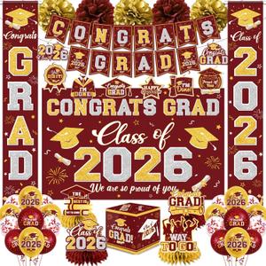 Graduation Decorations Class of 2026 Maroon and Gold Graduation Decorations with Congrats Grad Banner,Backdrop,Porch Sign,Balloons,Hanging Swirls,Honeycomb Centerpieces,Box for Graduation Party Decor