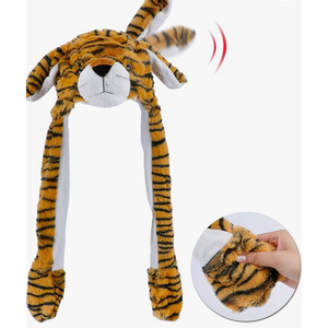Bubblepompom Tiger Hat with Ears Moving Jumping Pop Up Beating Hat Plush Holiday Cosplay Dress Up Funny Party Gift for Kids Boys, Brown, 22''