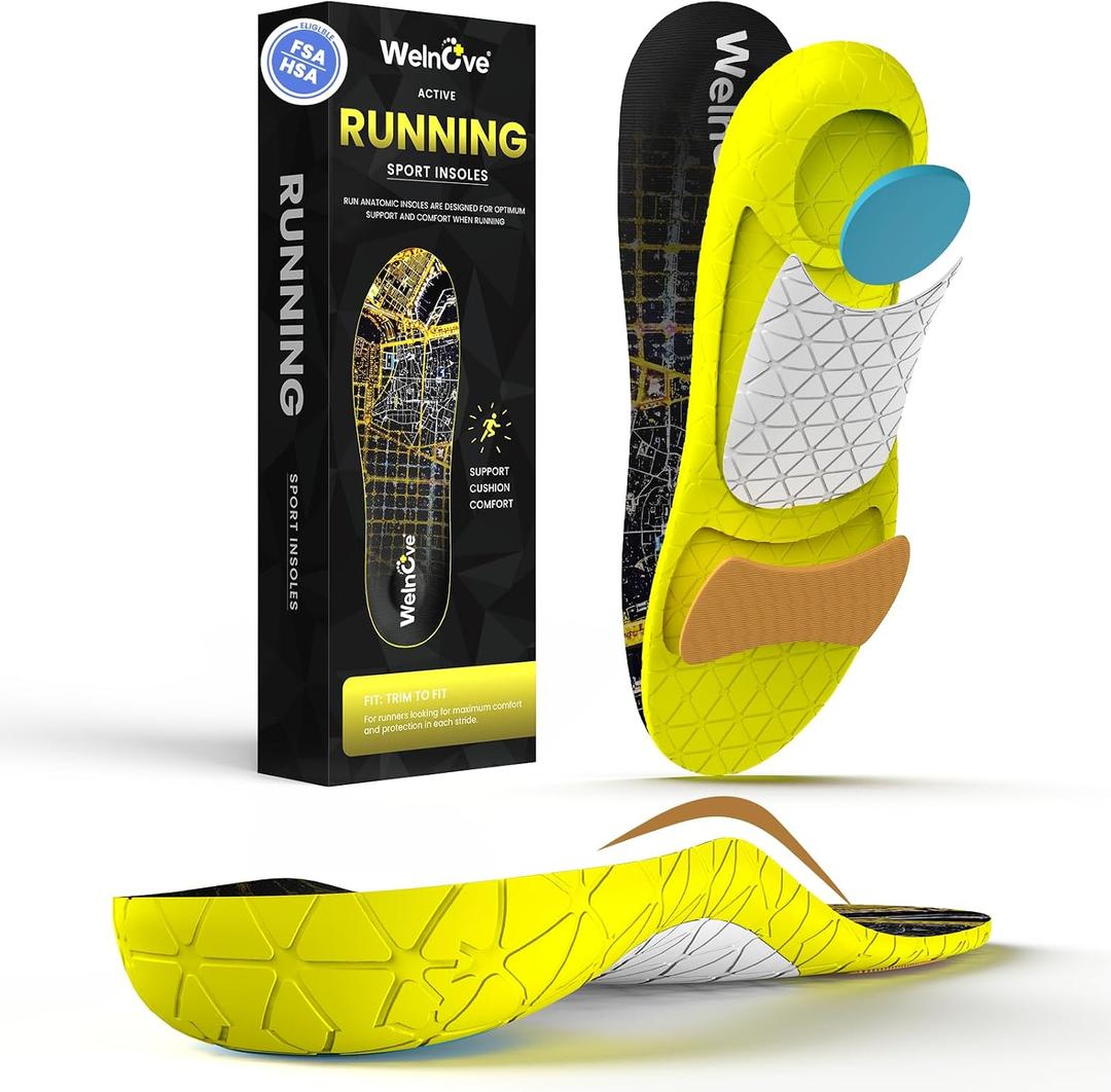 Running Sports Insoles Plantar Fasciitis - Welnove Athletic Inserts Arch Support for Flat Feet - Shock Absorption Insoles Foot Pain Fatigue Relief, Enhance Performance, Fit Most Shoes, Men Women (S)