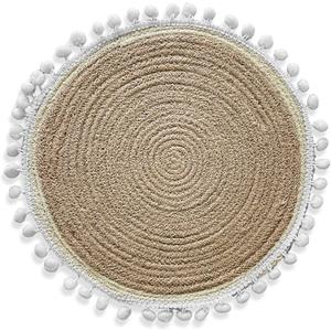 Hand-Braided Round Jute Placemats with White Pom-Pom Trim (Set of 6)
