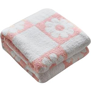 Ultra Soft Cozy Checkered Sunflower Knitted Throw Blanket Fluffy Microfiber Checkerboard Bed Blanket Lightweight Both Sides Throw Blanket for Couch Sofa Bed 50"X60" Pink