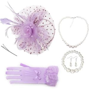 AQOKKA Women Fascinators Hats Veil Mesh Tea Party Derby Hat Bow Lace Gloves Pearl Jewelry Set for Women Cocktail Wedding (Light Purple)  