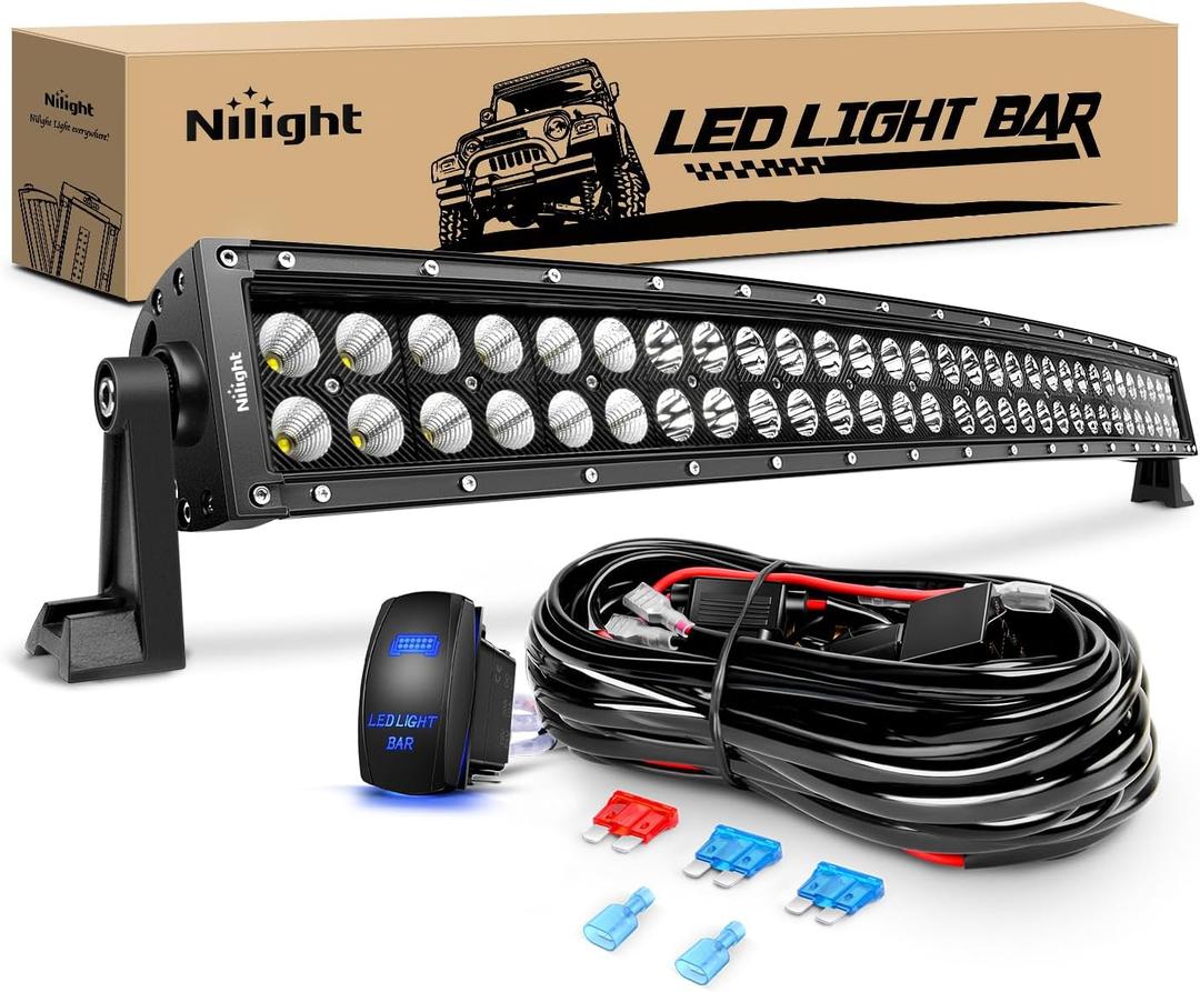 Nilight - ZH410 32Inch 180W Curved LED Light Bar Work Light Spot Flood Combo Offroad Driving Lights with 16AWG Wiring Harness Kit