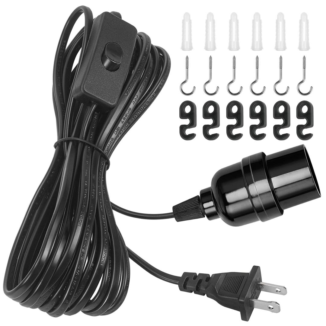 DiCUNO Hanging Lantern Extension Cord Cable, E26 Pendant Light Socket On Off Inline Cord Switch Control Lamp, Switch Close to Polarized Plug, 20 Feet (6M), Black, 1-Pack