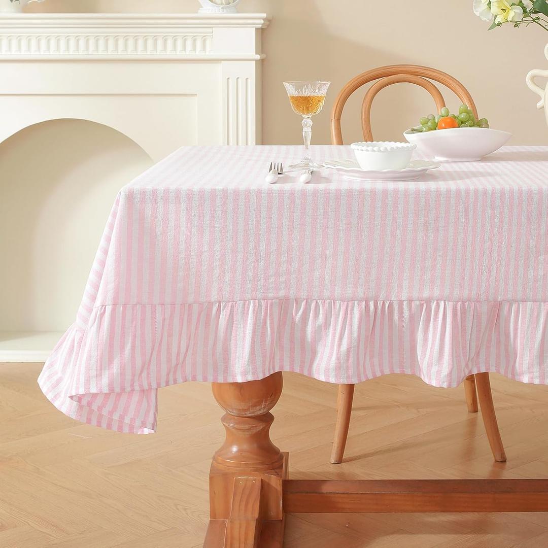meioro Striped Ruffled Tablecloth Square Spring Cotton Blend Stripe Table Cloth with Tassel, Farmhouse Washable Wrinkle Free Heavy Table Cover for Valentines Day Outdoor Picnic Party, Pink, 36''x36''