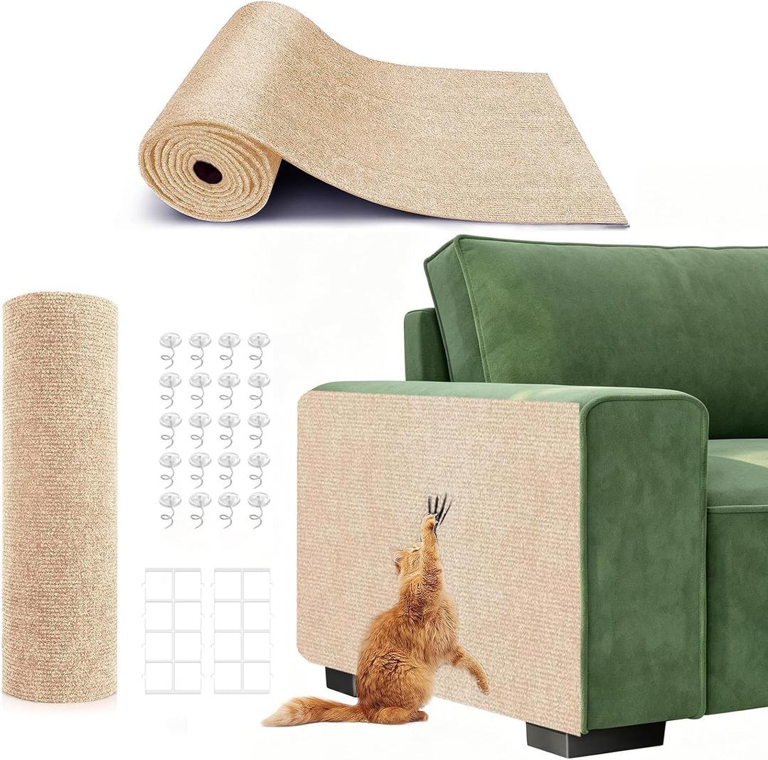 78.7"X15.8" Self-Adhesive Cat Scratching Mat, Couch Protector from Cat Claws, DIY Furniture Protector for Couch, Sofa, Wall & Door, Customizable Couch Scratcher from Cats Claws, No Residue (Beige)