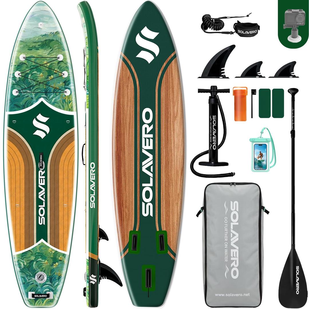 SOLAVERO 11' Inflatable Stand Up Paddle Board, SUP Board with Anti-Slip EVA Deck & Premium Accessories, Blow Up Paddle for Adults of All Skill Levels, 500LB Capacity Suitable for Sea and Lakes