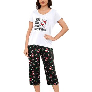 YIJIU Women's Short Sleeve Tops and Capri Pants Cute Cartoon Print Pajama Sets (S)