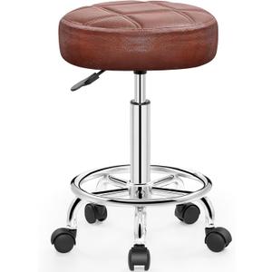 Rolling Stool with Wheels, PU Leather Small Office Chair with Foot Rest,Versatile Adjustable Swivel Stool for Tattoo Massage Salon Spa Teach Medical Facial Office Home Work Kitchen (Ember Brown)