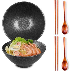 2 x 40 OZ ceramic ramen bowls, 8 IN large Japanese noodle soup bowl, match chopsticks and spoons, suitable for Pho, Udon Asian noodles (Black color 2 set)