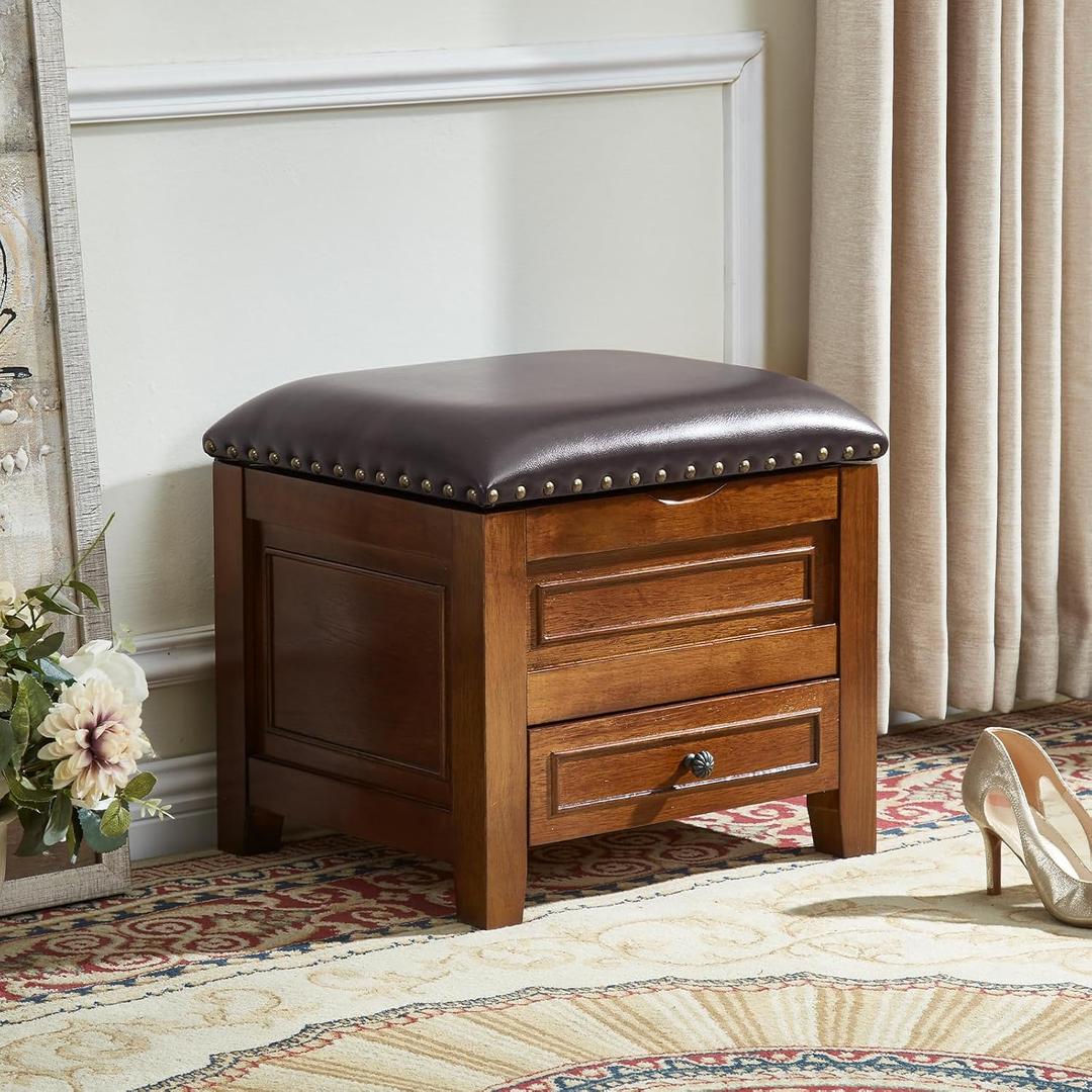 Storage Ottoman with Drawer, Microfiber Leather Padded Top Foot Rest Stool with Nailhead Trim for Bedroom Living Room, 15.8"D x 13.8"W x 15.4"H